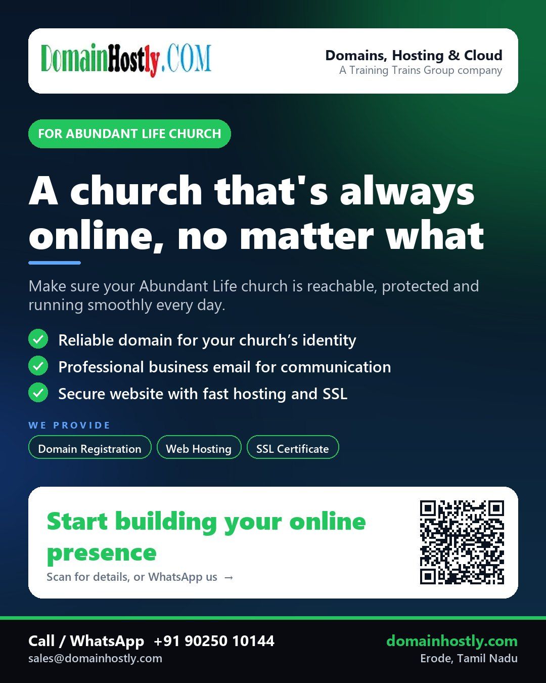 Abundant Life church logo on a computer screen with a secure website and business email