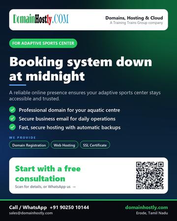 DomainHostly poster for Adaptive sports center: Booking system down at midnight