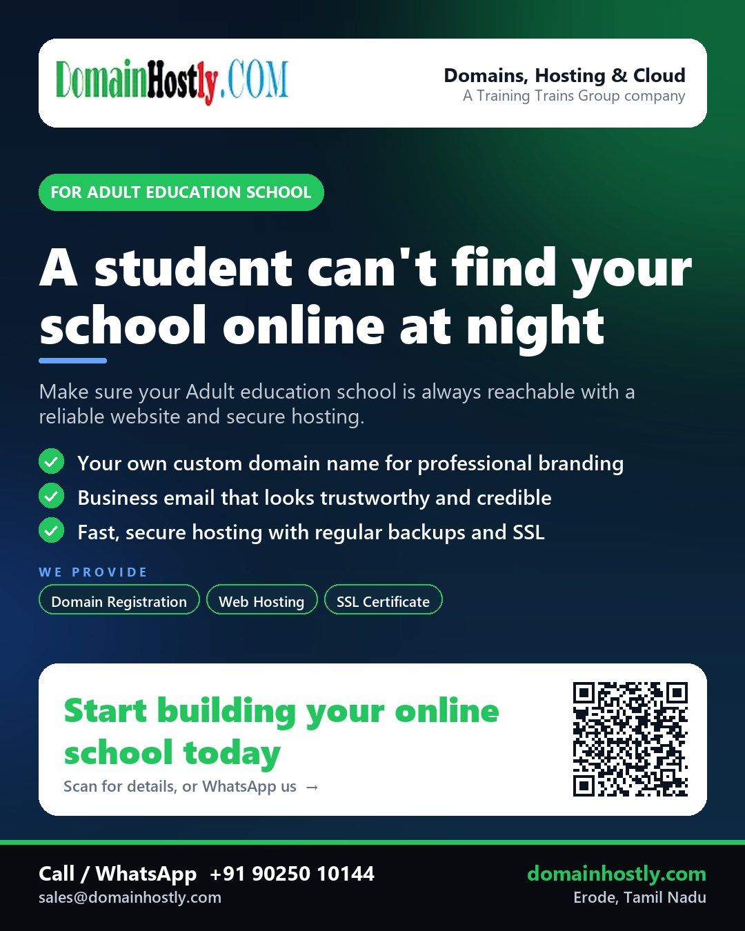 DomainHostly helping an Adult education school establish a reliable online presence with custom domain, hosting and security