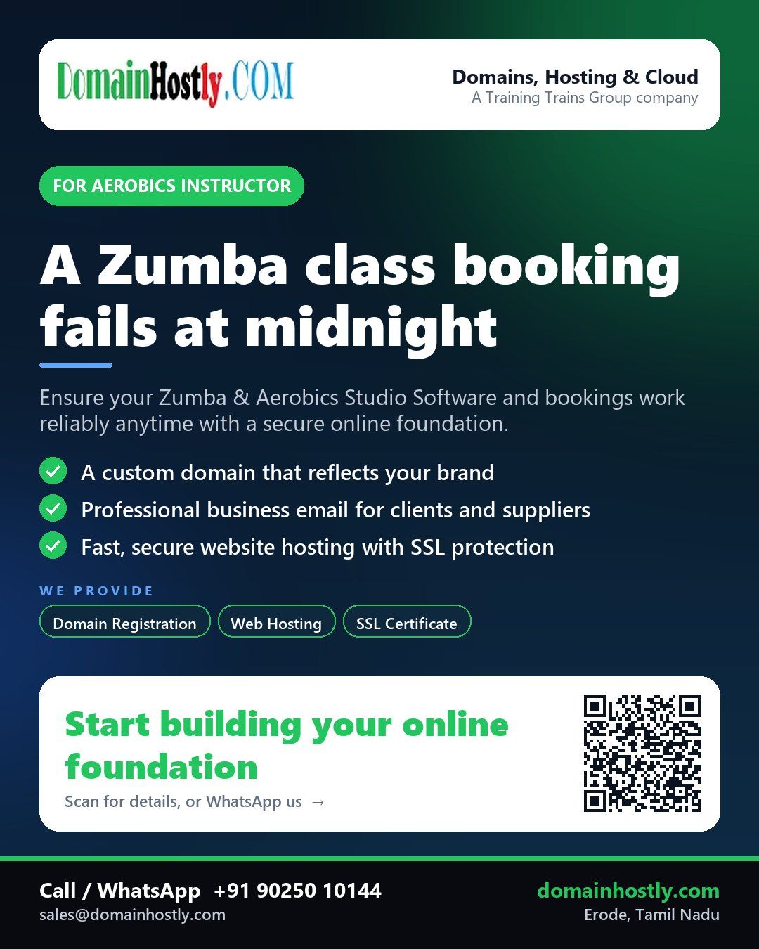 Aerobics instructor with Zumba class logo, custom domain name, secure website and business email on screen