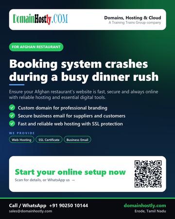 DomainHostly poster for Afghan restaurant: Booking system crashes during a busy dinner rush