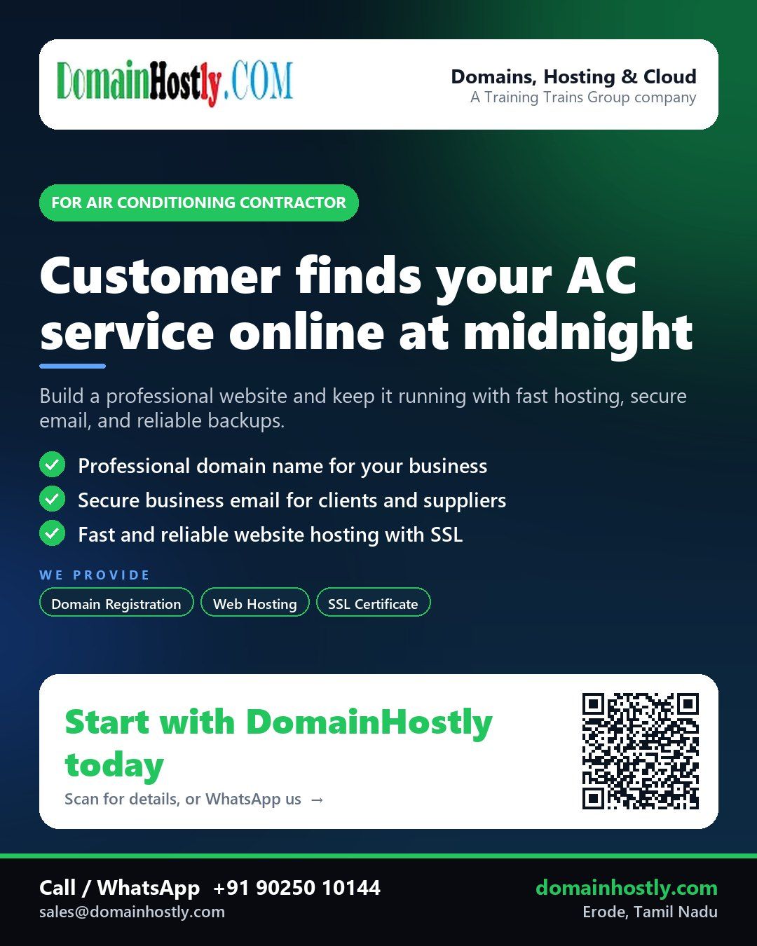 Air conditioning contractor with DomainHostly logo, showing website, email and hosting services