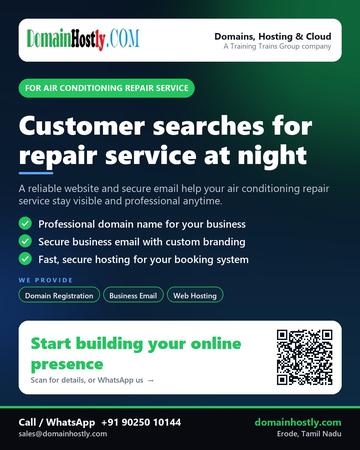 DomainHostly poster for Air conditioning repair service: Customer searches for repair service at night