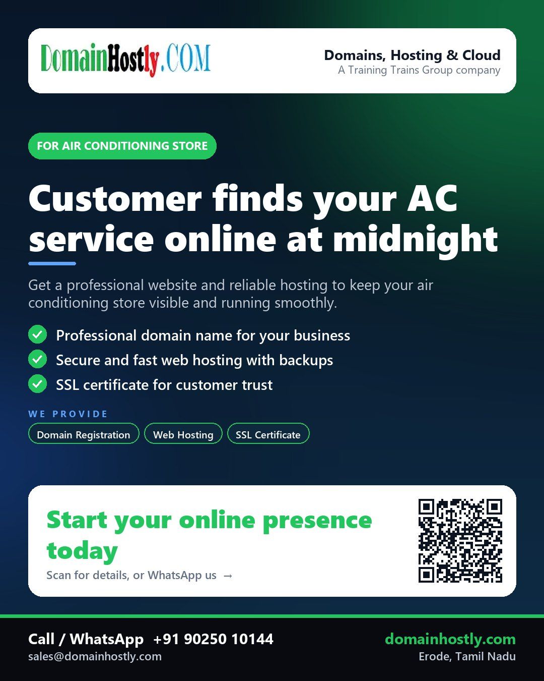 Air conditioning store with DomainHostly logo showing a professional online presence