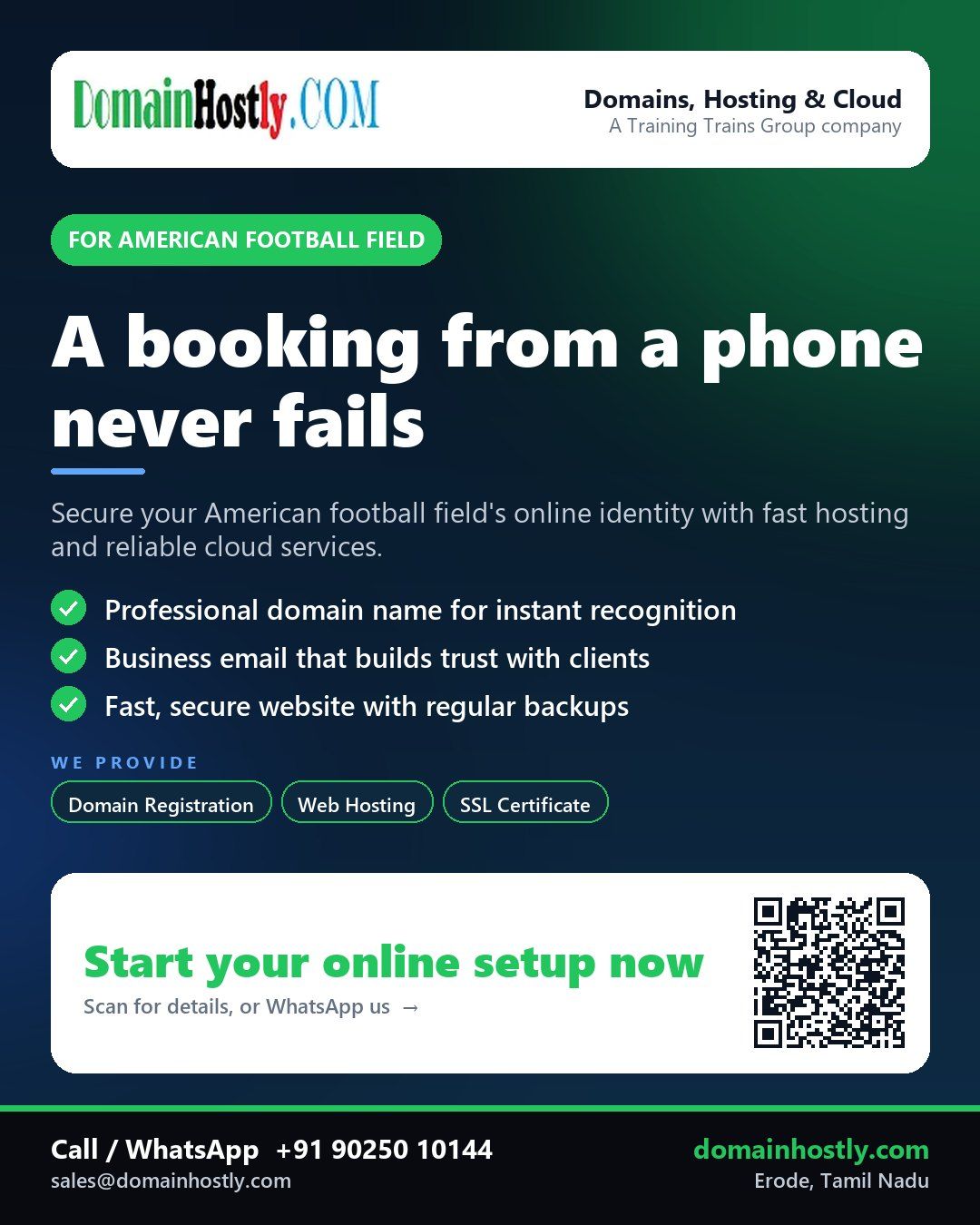 American football field logo with DomainHostly branding and message about secure online presence