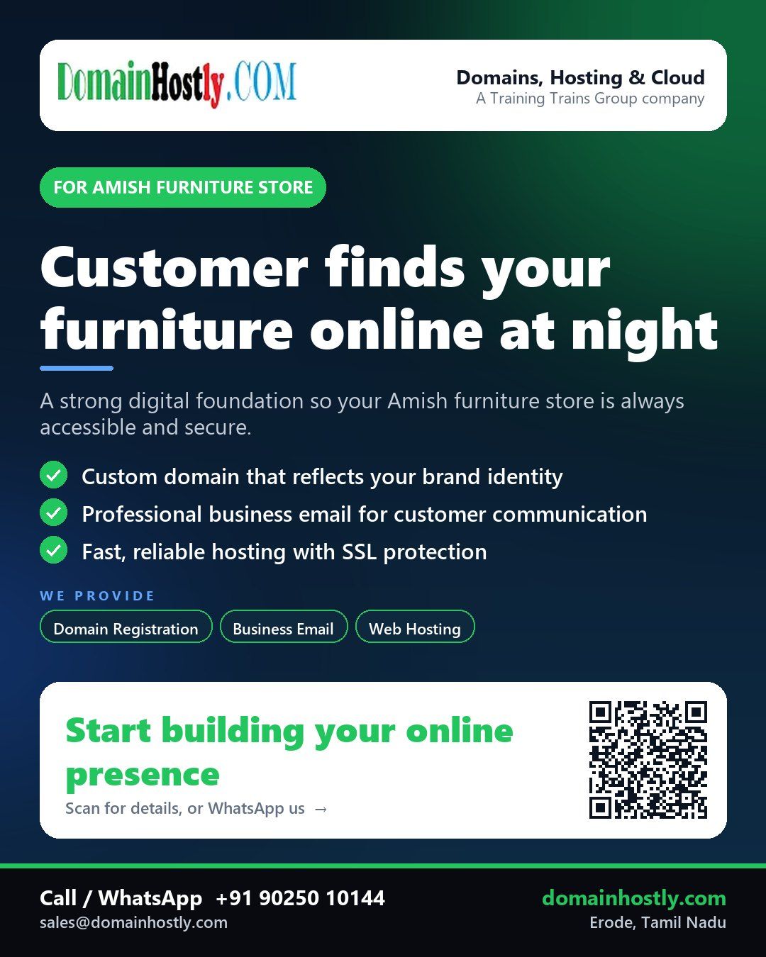 Amish furniture store logo with custom domain and secure web hosting solution