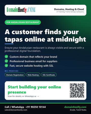 DomainHostly poster for Andalusian restaurant: A customer finds your tapas online at midnight