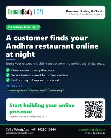 DomainHostly poster for Andhra restaurant: A customer finds your Andhra restaurant online at night