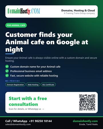 DomainHostly poster for Animal cafe: Customer finds your Animal cafe on Google at night