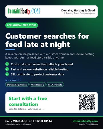 DomainHostly poster for Animal feed store: Customer searches for feed late at night