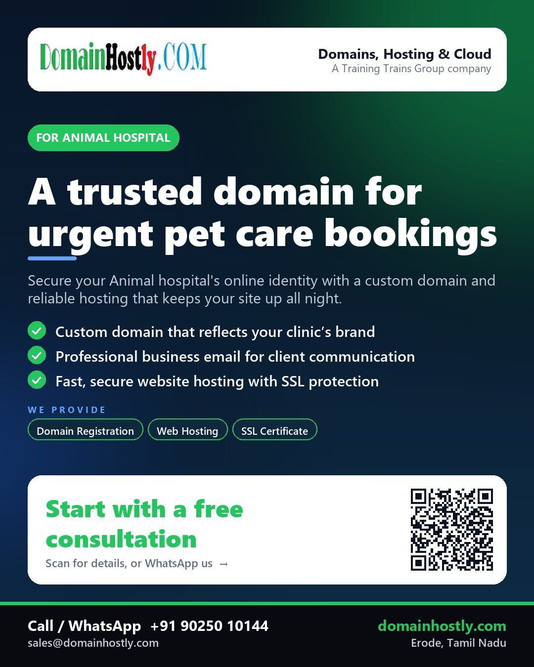 DomainHostly helping an Animal hospital establish a professional website with custom domain, hosting, and email.
