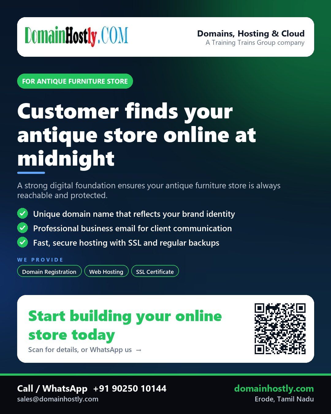 Antique furniture store with a custom domain and secure website on DomainHostly