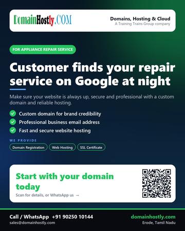 DomainHostly poster for Appliance repair service: Customer finds your repair service on Google at night