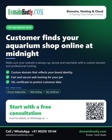 DomainHostly poster for Aquarium shop: Customer finds your aquarium shop online at midnight