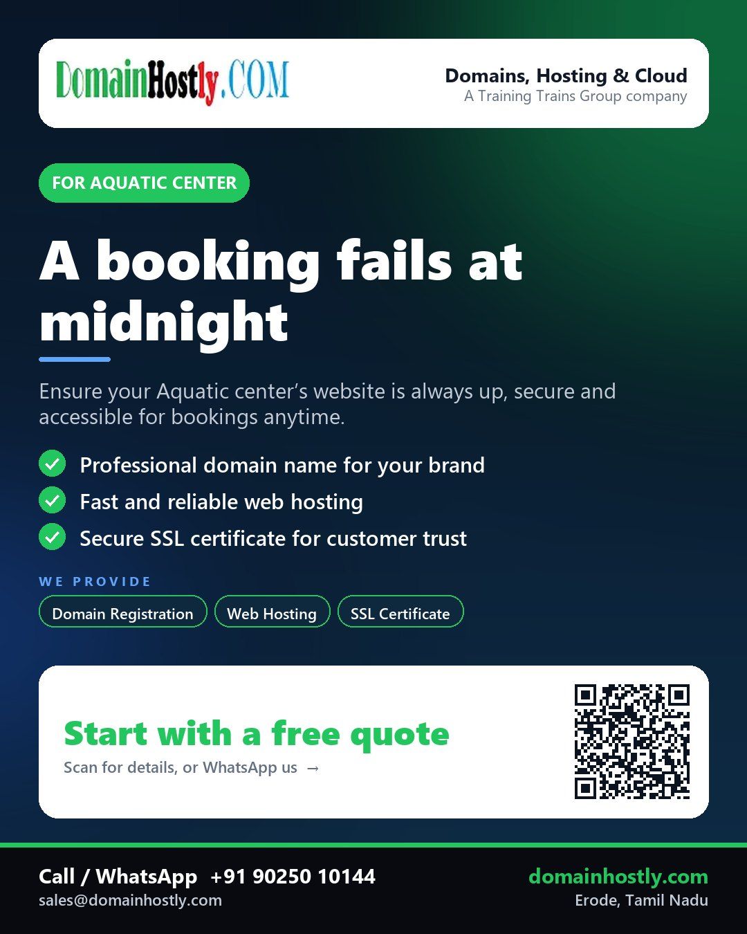 Aquatic center logo with 'DomainHostly' and 'Secure website for bookings'