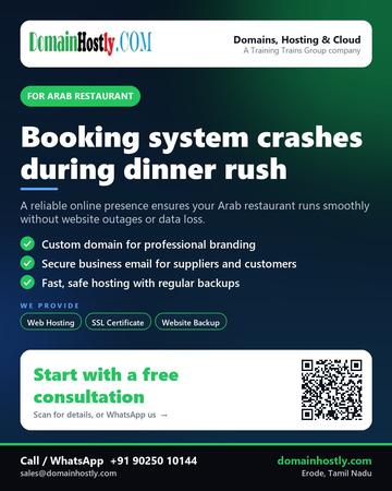 DomainHostly poster for Arab restaurant: Booking system crashes during dinner rush