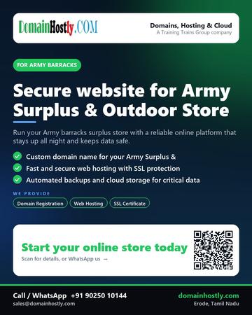DomainHostly poster for Army barracks: Secure website for Army Surplus & Outdoor Store