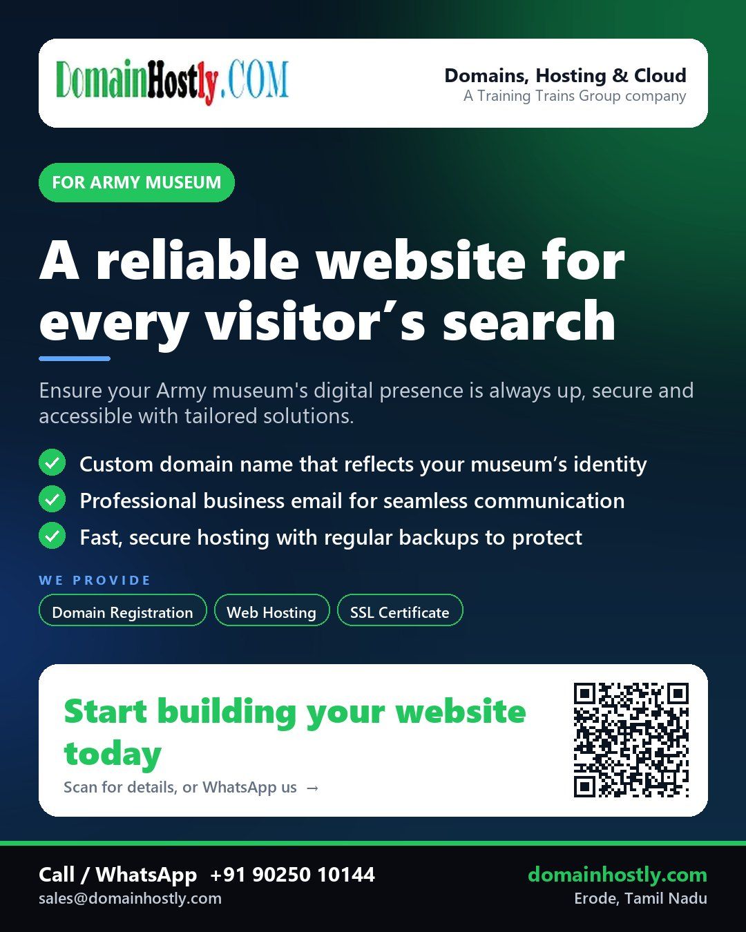 Army museum logo with a website domain and secure hosting icon