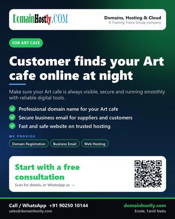 DomainHostly poster for Art cafe: Customer finds your Art cafe online at night