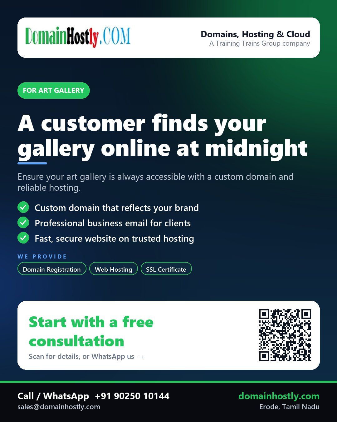 Art gallery logo with a custom domain and secure website displayed on a screen