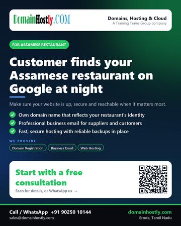 DomainHostly poster for Assamese restaurant: Customer finds your Assamese restaurant on Google at night