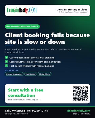 DomainHostly poster for Attorney referral service: Client booking fails because site is slow or down