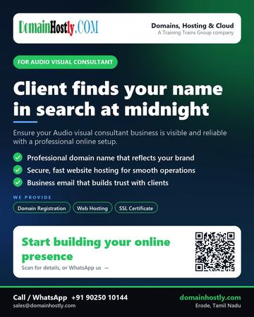 DomainHostly poster for Audio visual consultant: Client finds your name in search at midnight
