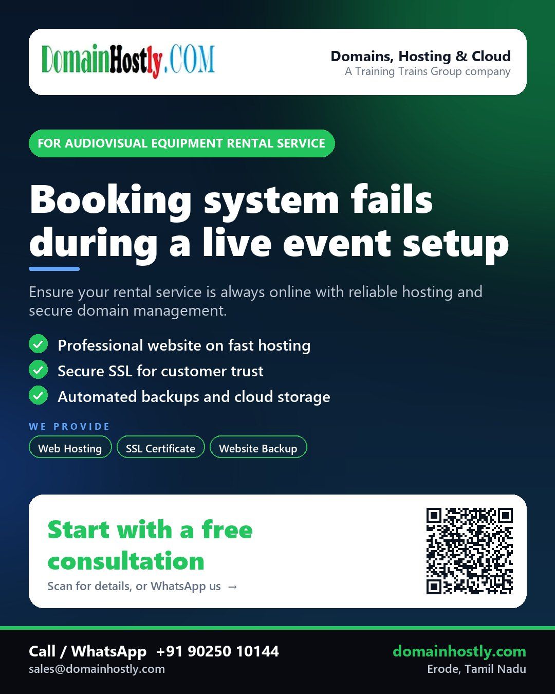 Audiovisual equipment rental service with DomainHostly: reliable hosting, secure website and business email