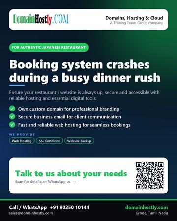 DomainHostly poster for Authentic Japanese restaurant: Booking system crashes during a busy dinner rush