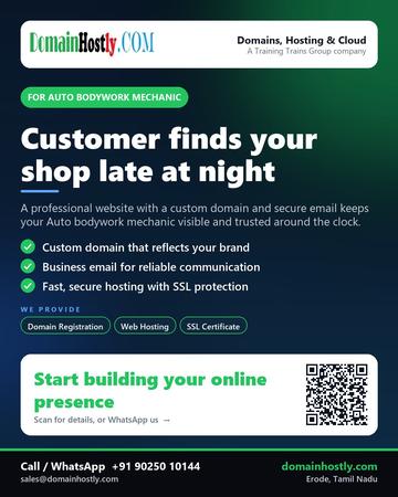 DomainHostly poster for Auto bodywork mechanic: Customer finds your shop late at night