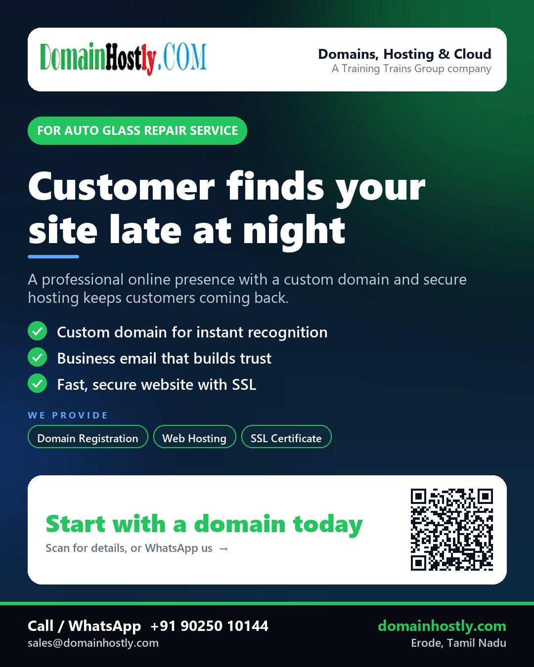 Auto glass repair service logo with custom domain and secure website displayed