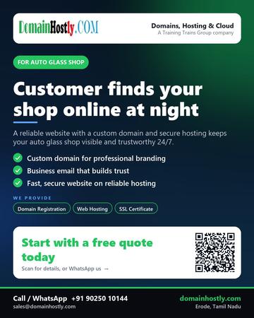 DomainHostly poster for Auto glass shop: Customer finds your shop online at night