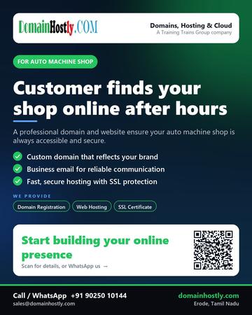 DomainHostly poster for Auto machine shop: Customer finds your shop online after hours