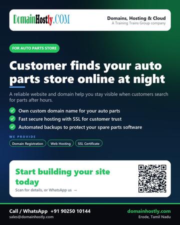DomainHostly poster for Auto parts store: Customer finds your auto parts store online at night