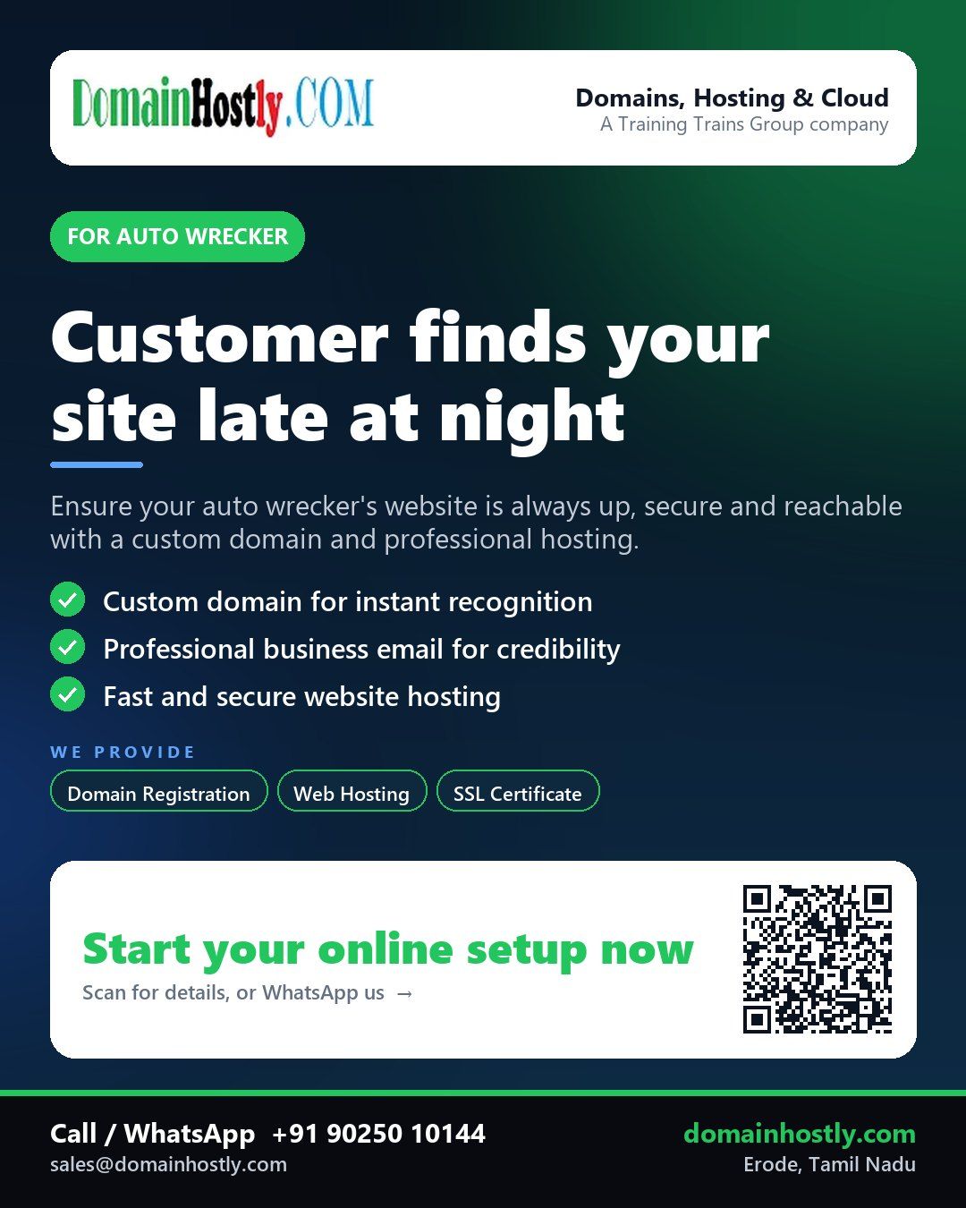 Auto wrecker with custom website and business email on DomainHostly