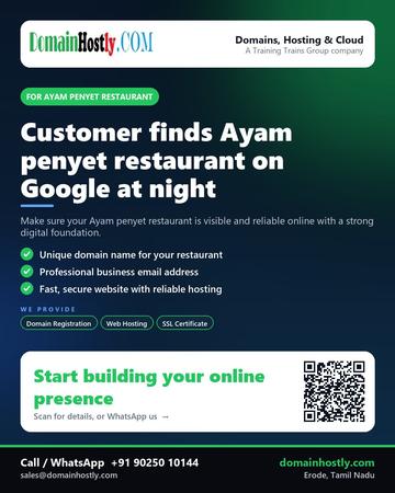 DomainHostly poster for Ayam penyet restaurant: Customer finds Ayam penyet restaurant on Google at night