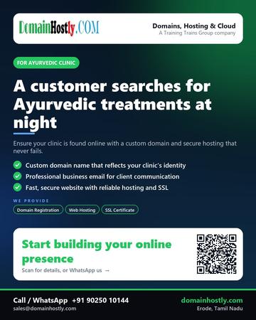 DomainHostly poster for Ayurvedic clinic: A customer searches for Ayurvedic treatments at night