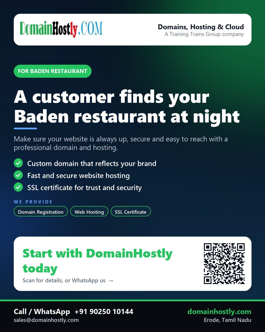 Baden restaurant logo on a website with a custom domain, secure hosting and SSL certificate