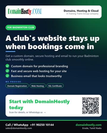 DomainHostly poster for Badminton club: A club's website stays up when bookings come in