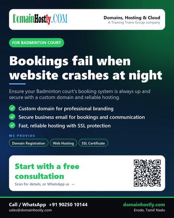 DomainHostly poster for Badminton court: Bookings fail when website crashes at night