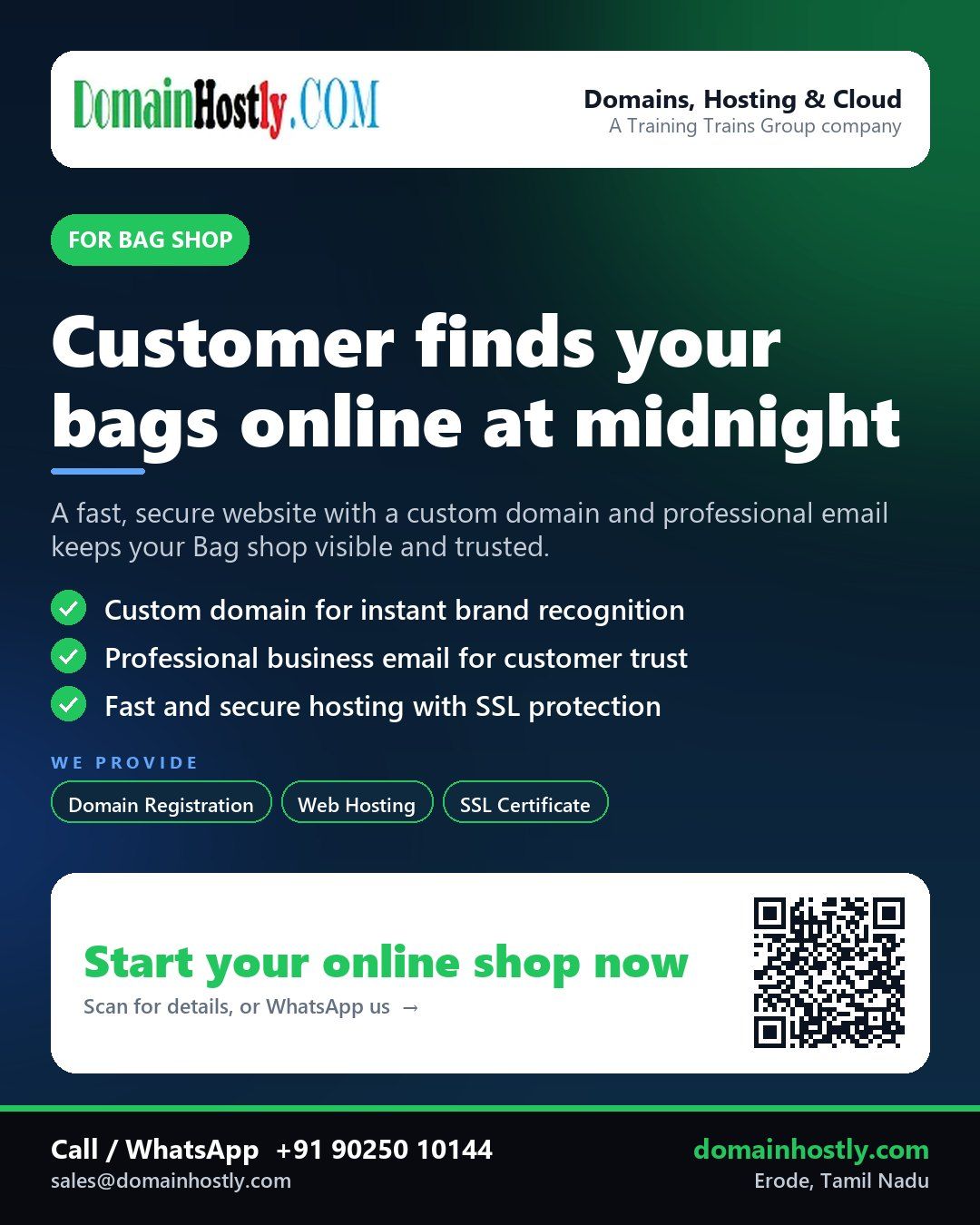 Bag shop owner using DomainHostly services to build a professional online presence