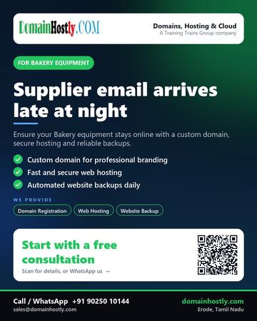 DomainHostly poster for Bakery equipment: Supplier email arrives late at night