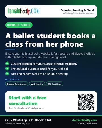 DomainHostly poster for Ballet school: A ballet student books a class from her phone