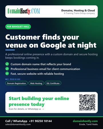 DomainHostly poster for Banquet hall: Customer finds your venue on Google at night