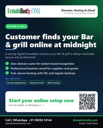 DomainHostly poster for Bar & grill: Customer finds your Bar & grill online at midnight