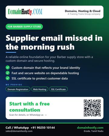 DomainHostly poster for Barber supply store: Supplier email missed in the morning rush
