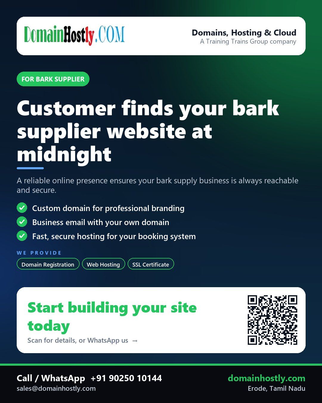 Bark supplier using DomainHostly to build a professional online presence with secure hosting and business email