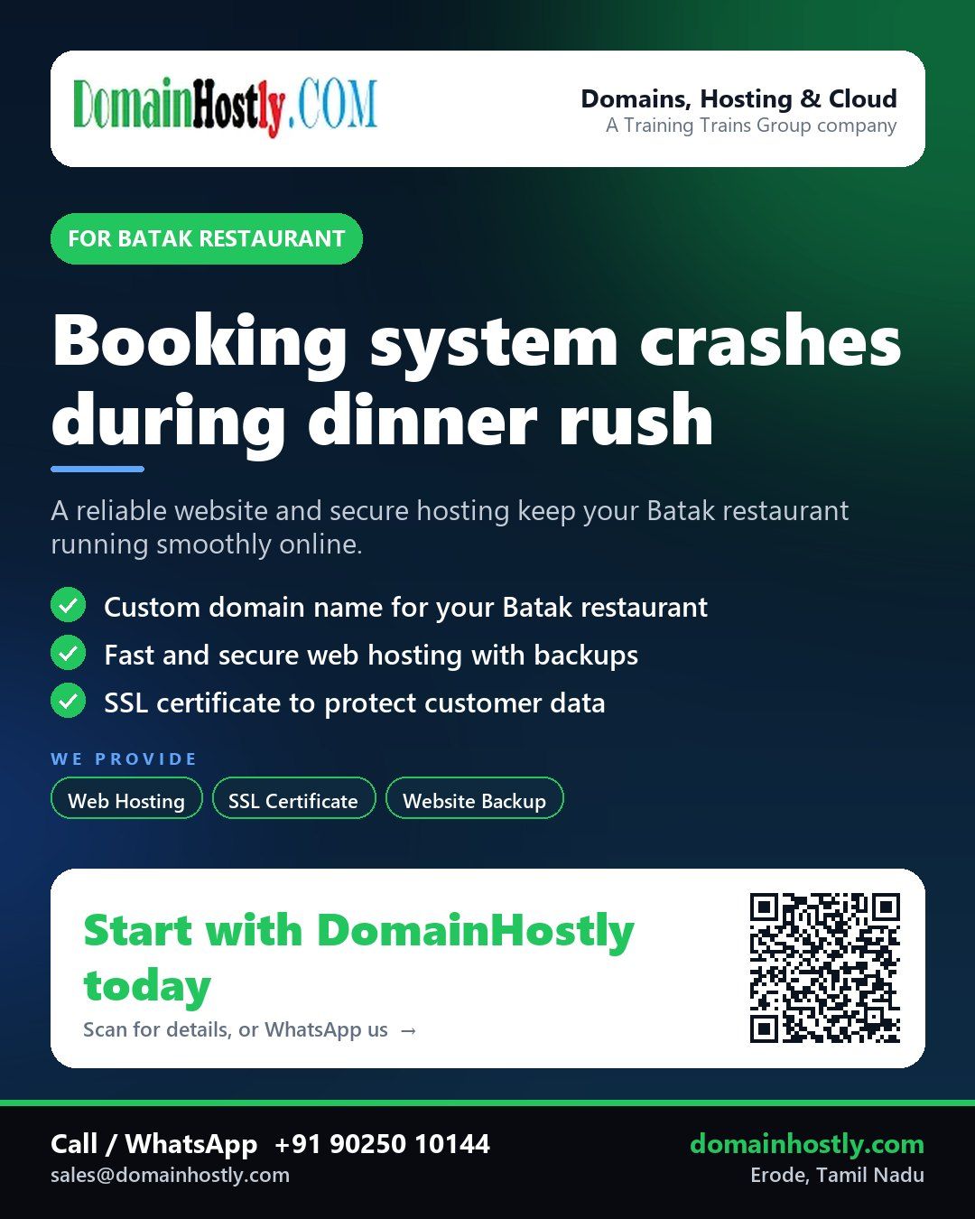 Batak restaurant with DomainHostly logo showing website security and hosting solutions