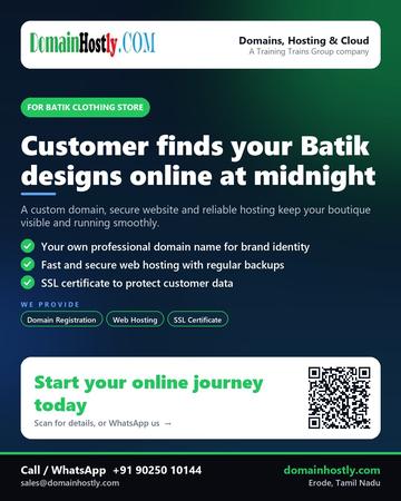 DomainHostly poster for Batik clothing store: Customer finds your Batik designs online at midnight