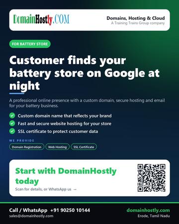 DomainHostly poster for Battery store: Customer finds your battery store on Google at night